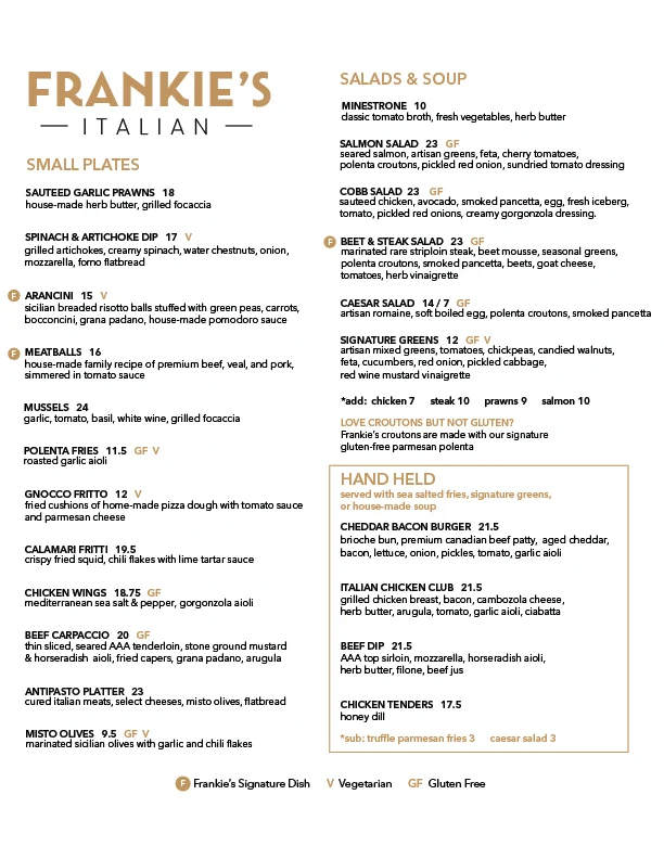 Menu, Frankie's Italian Chilliwack