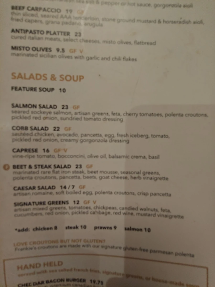 Menu, Frankie's Italian Chilliwack