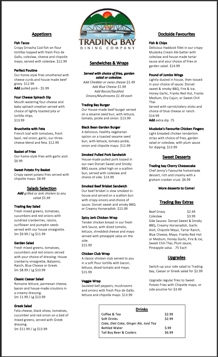 Menu, Trading Bay Dining Company