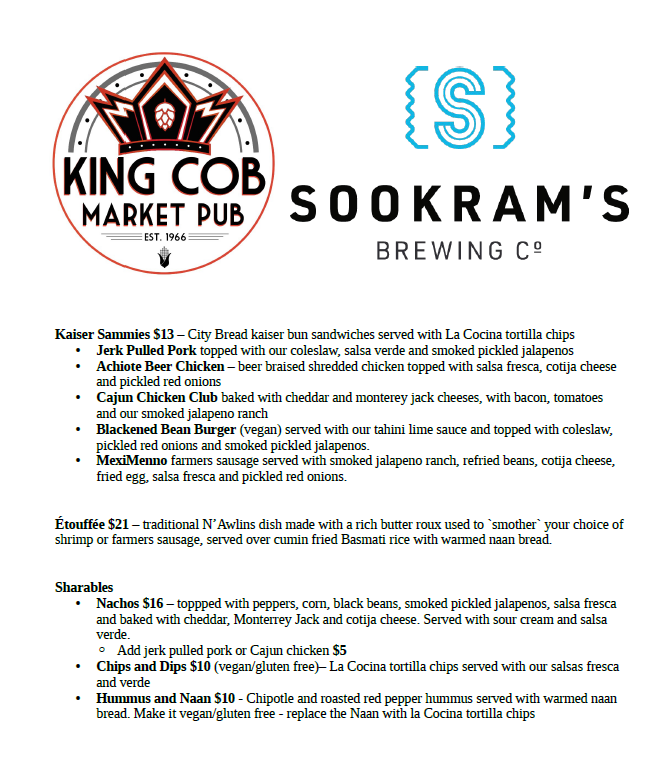 Menu, King Cob Market Pub