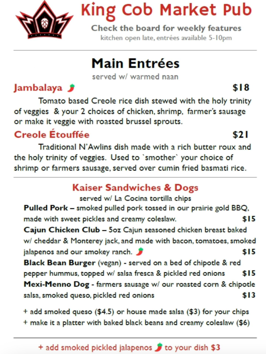 Menu, King Cob Market Pub