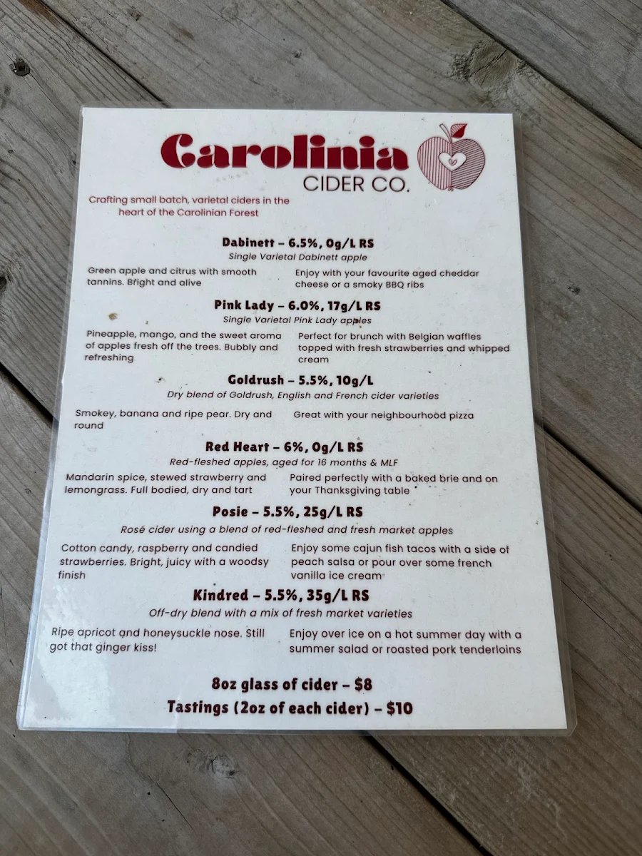Menu, Carolinia Cider Company