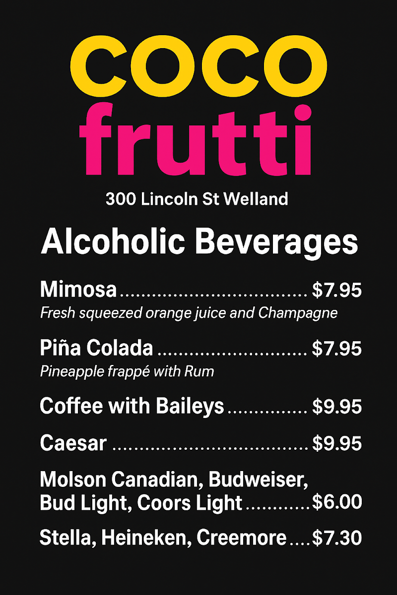 Menu, Coco Frutti Welland