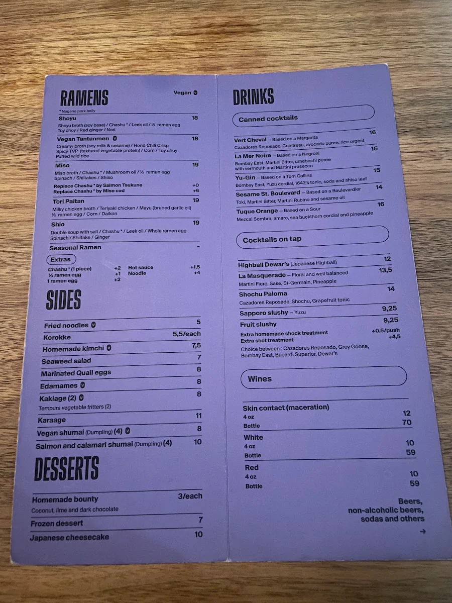 Menu, Honō Ramen