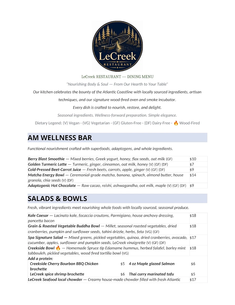 Menu, LeCreek Restaurant