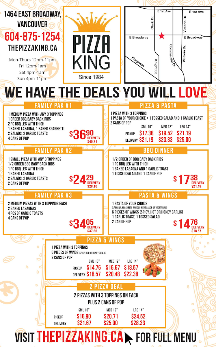 Menu, The Pizza King - Broadway