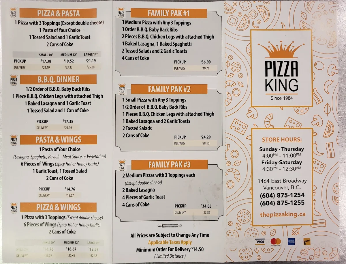 Menu, The Pizza King - Broadway