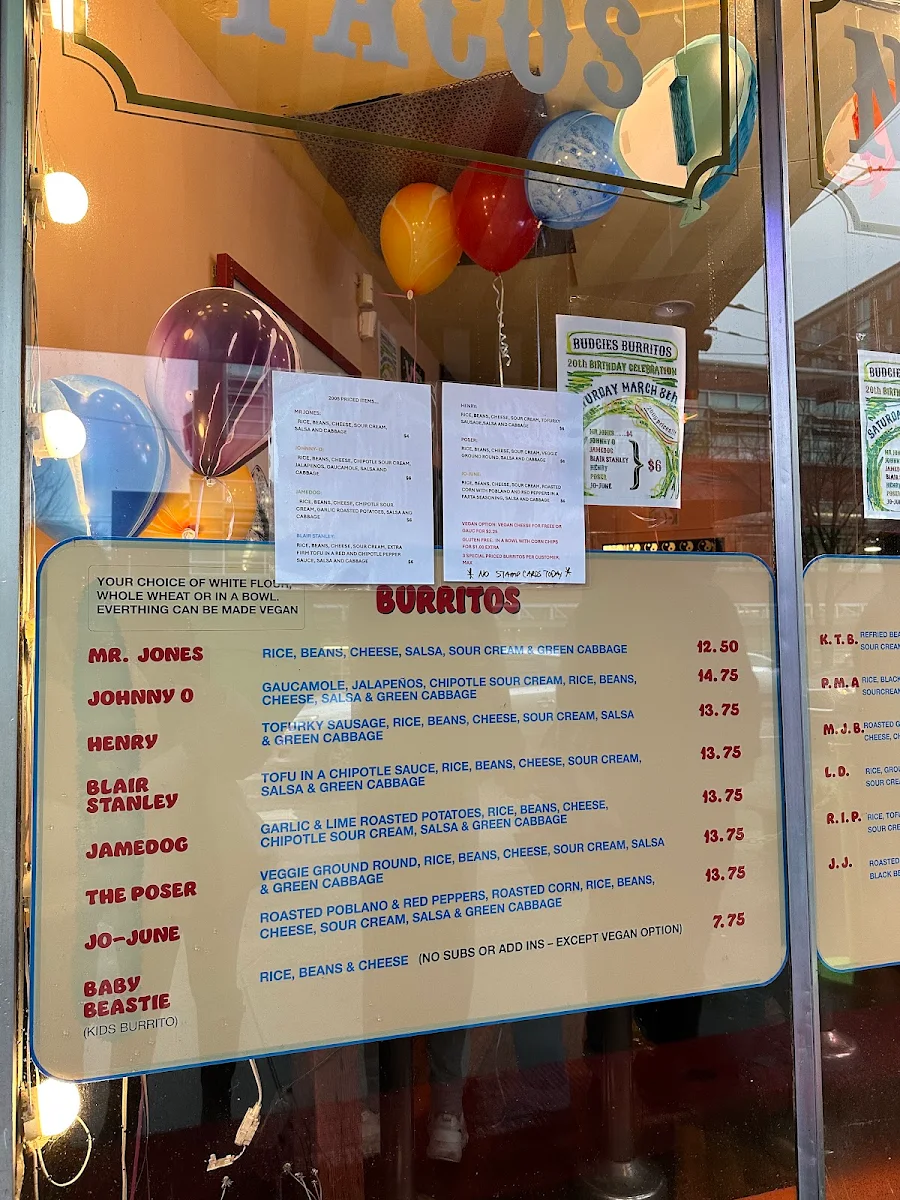 Menu, Budgies Burritos
