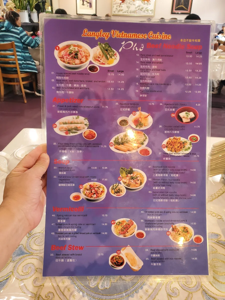 Menu, Langley Vietnamese Cuisine