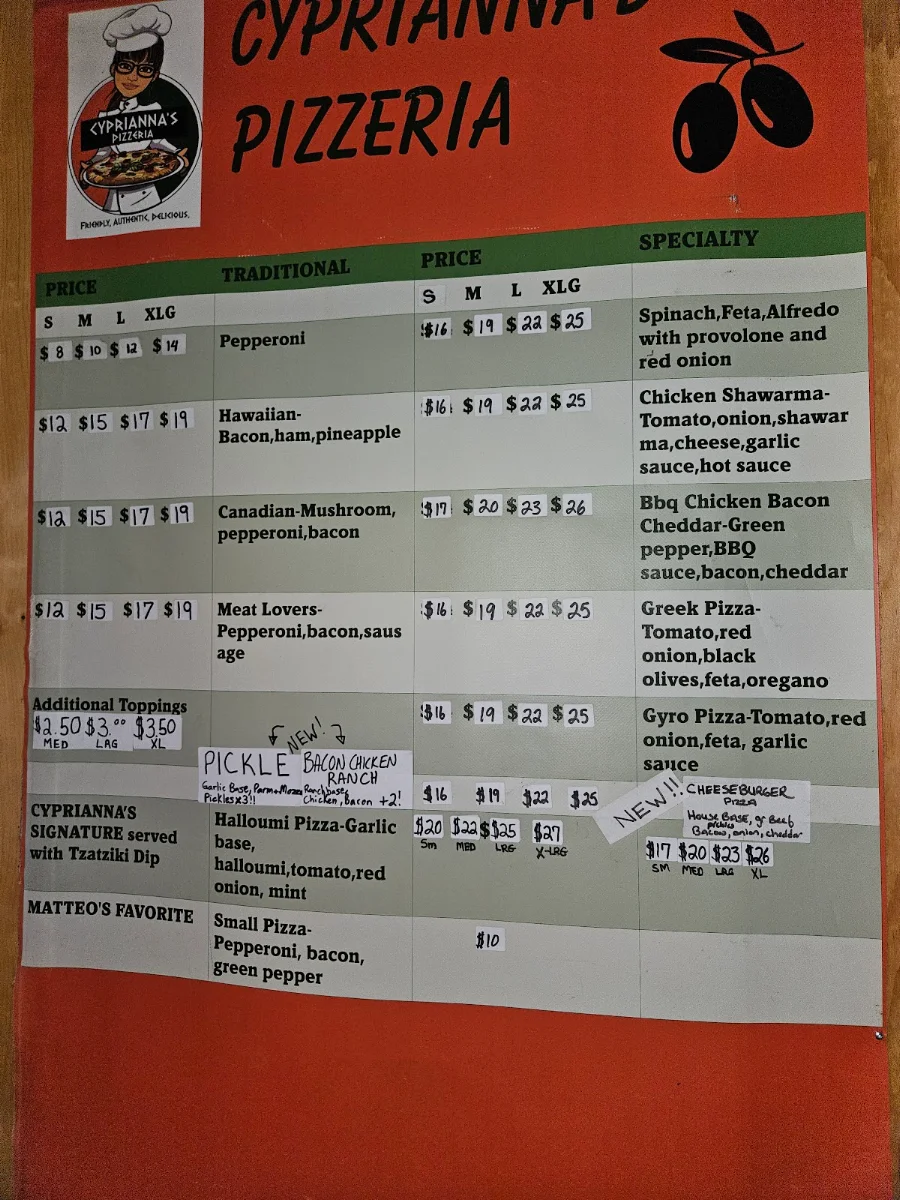 Menu, Cyprianna's Pizzeria Cambridge