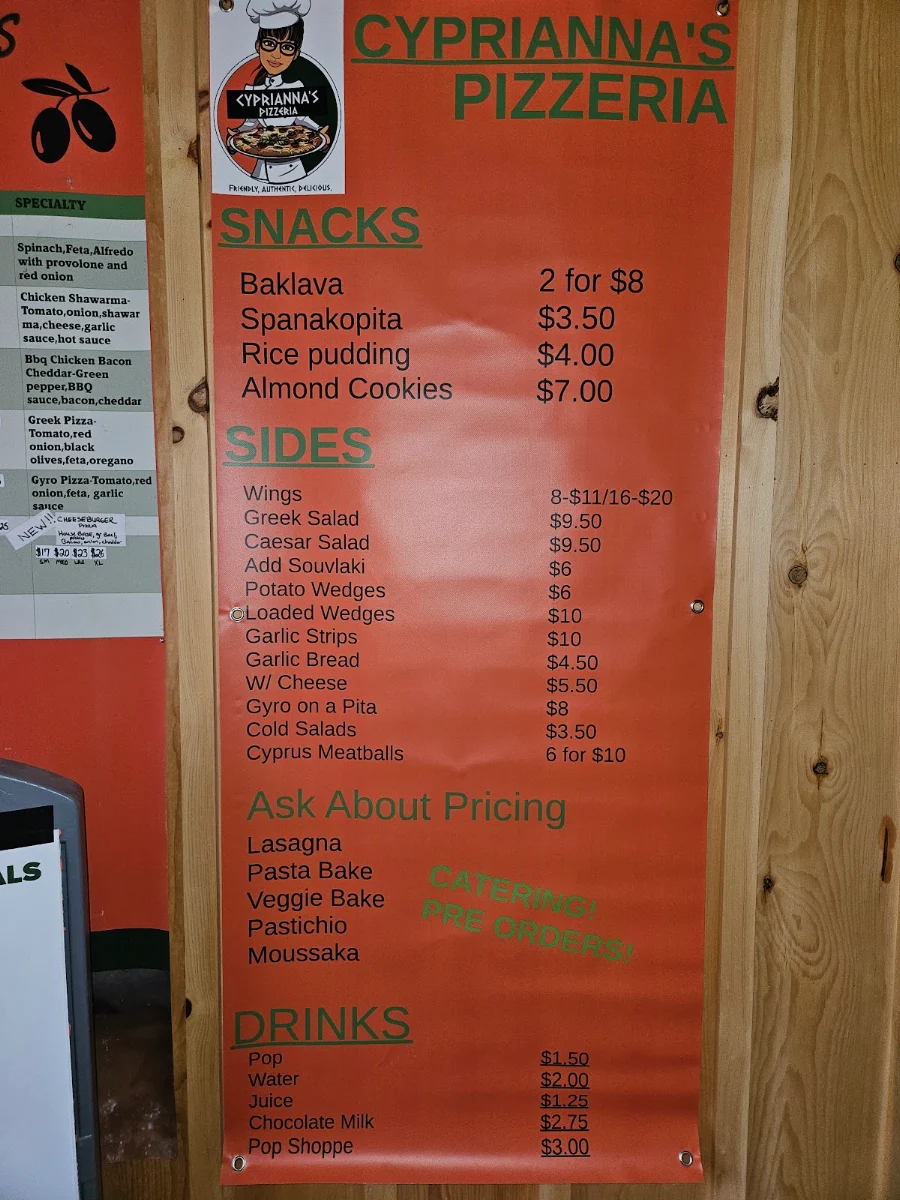 Menu, Cyprianna's Pizzeria Cambridge