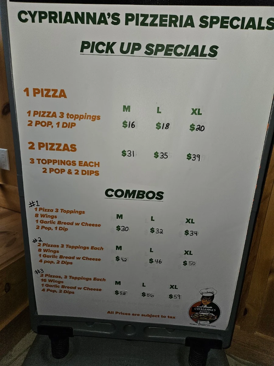 Menu, Cyprianna's Pizzeria Cambridge