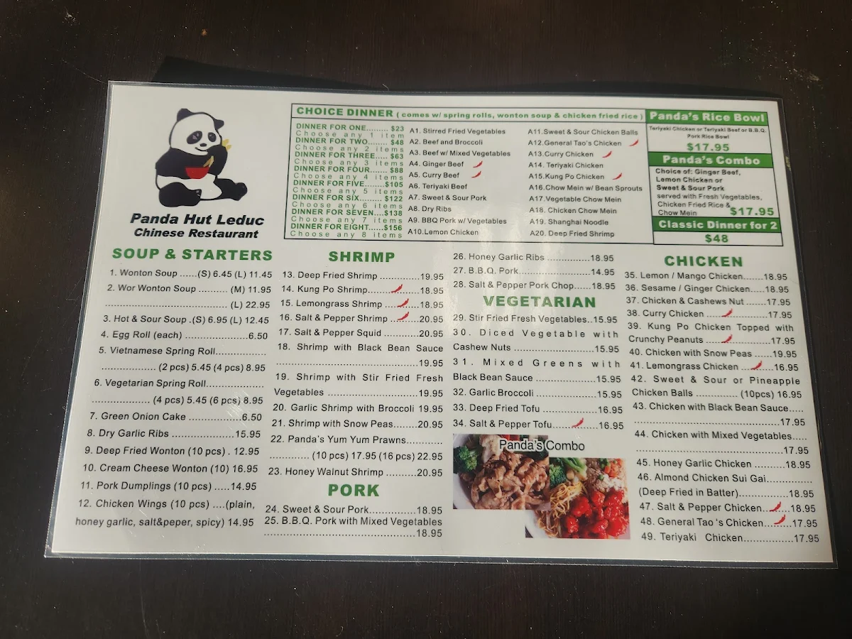 Menu, Panda Hut Leduc Chinese Restaurant