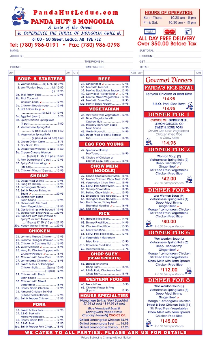 Menu, Panda Hut Leduc Chinese Restaurant