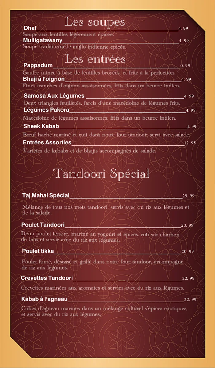 Menu, Taj Mahal
