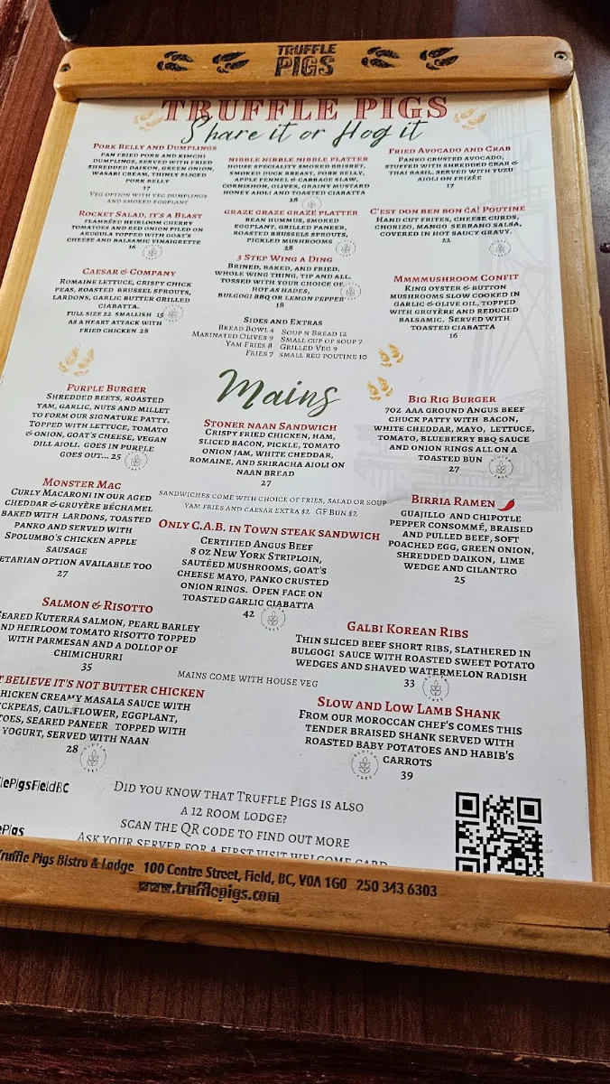 Menu, Truffle Pigs Bistro & Lodge