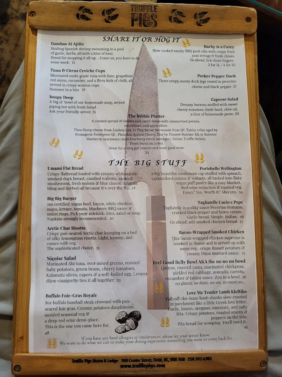 Menu, Truffle Pigs Bistro & Lodge