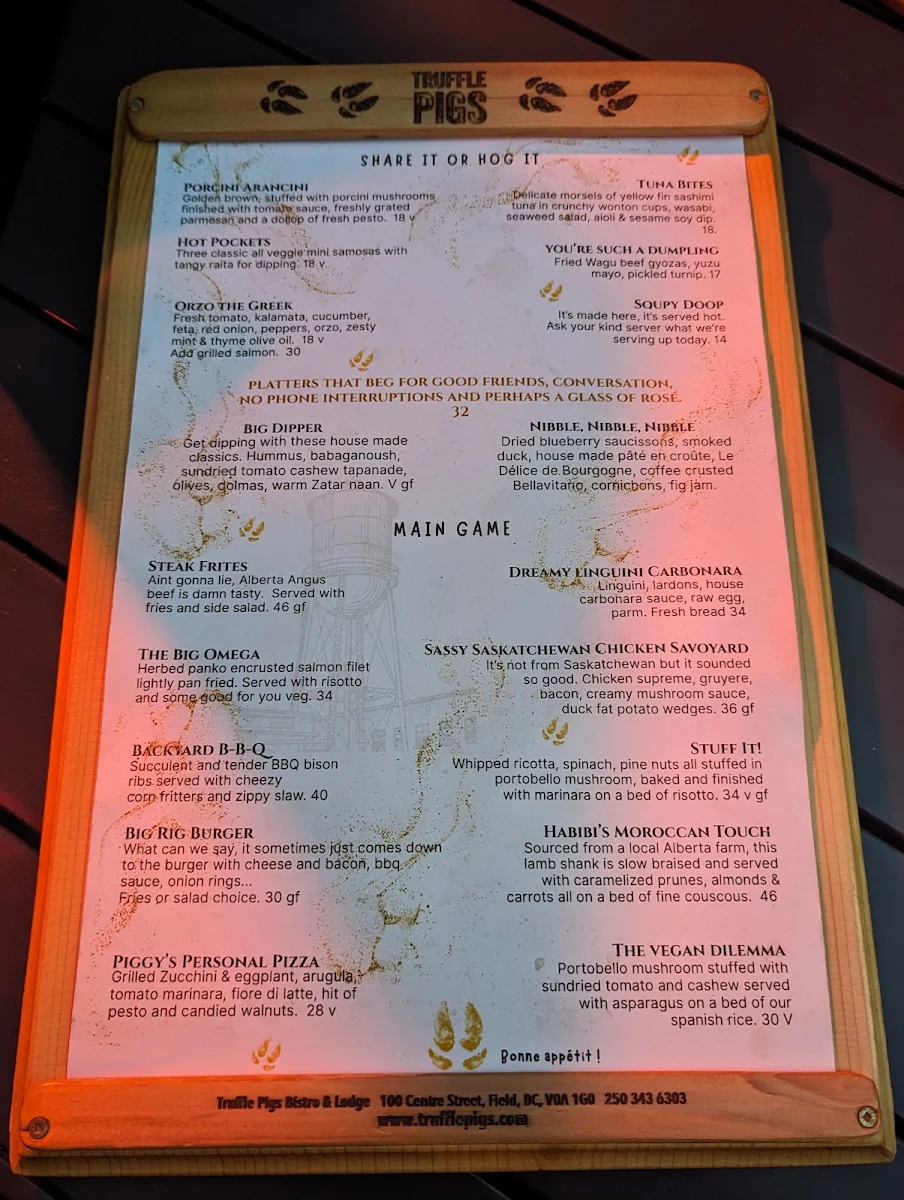 Menu, Truffle Pigs Bistro & Lodge