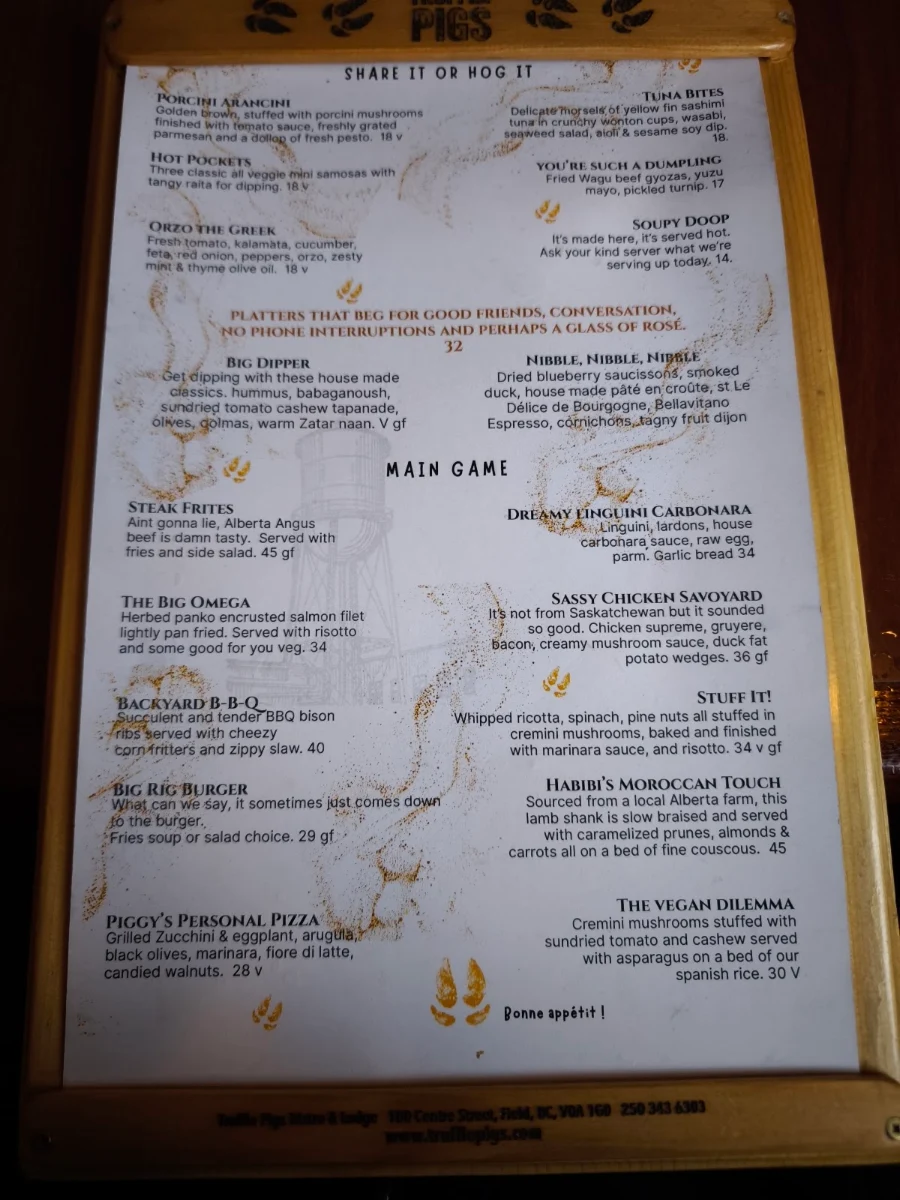 Menu, Truffle Pigs Bistro & Lodge