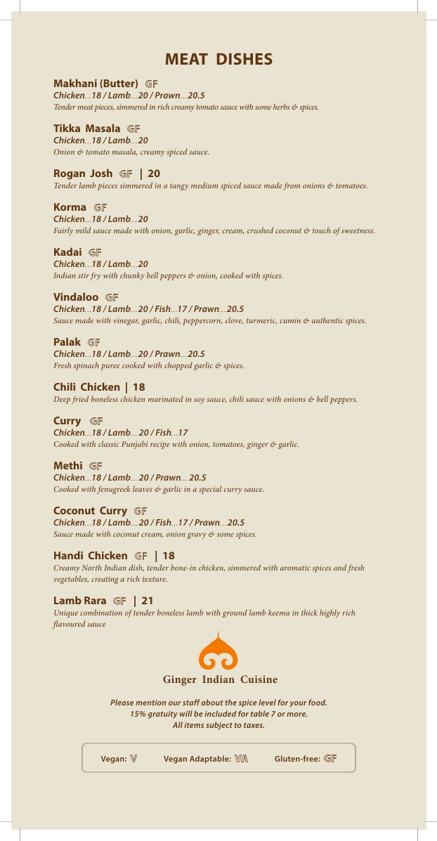 Menu, Ginger Indian Cuisine