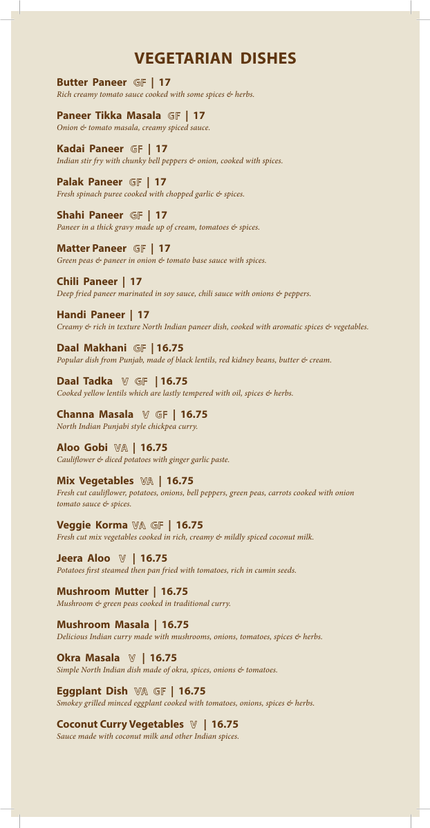 Menu, Ginger Indian Cuisine