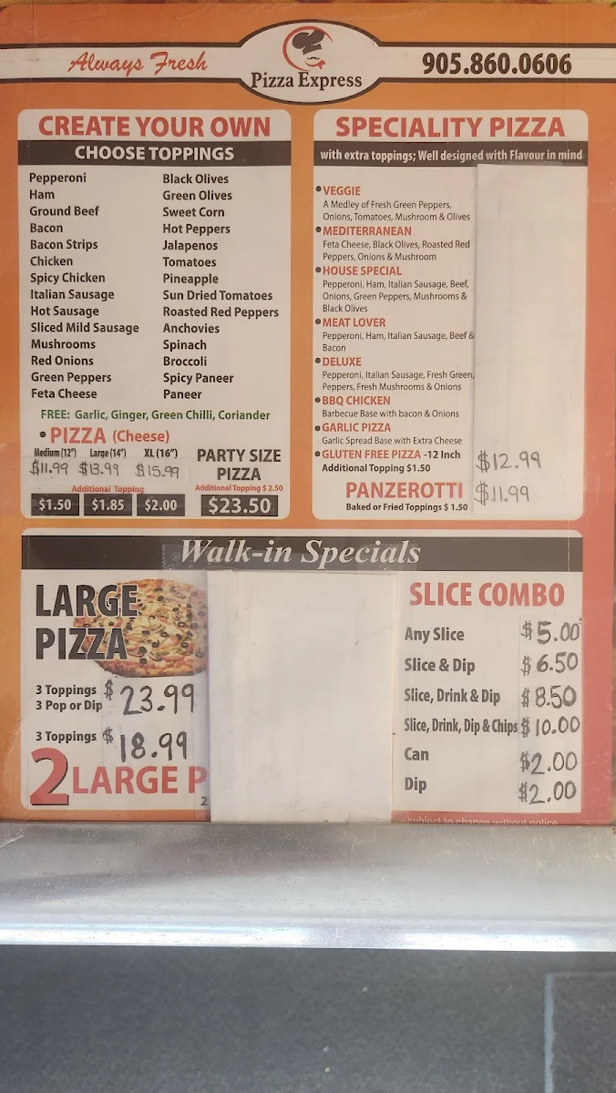 Menu, Pizza Express & Wings Caledon