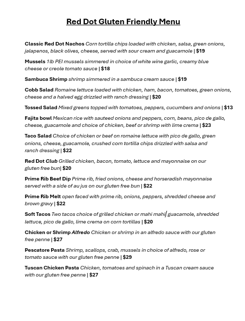Menu, Red Dot Cafe