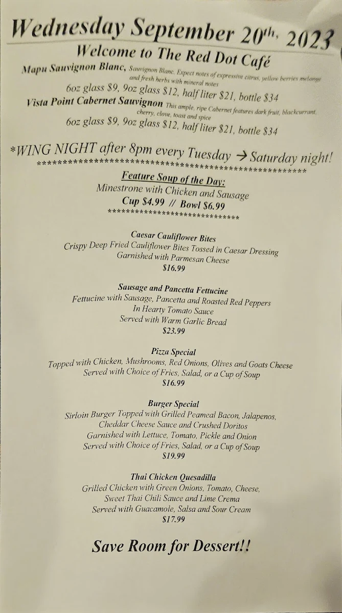 Menu, Red Dot Cafe