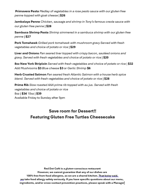 Menu, Red Dot Cafe