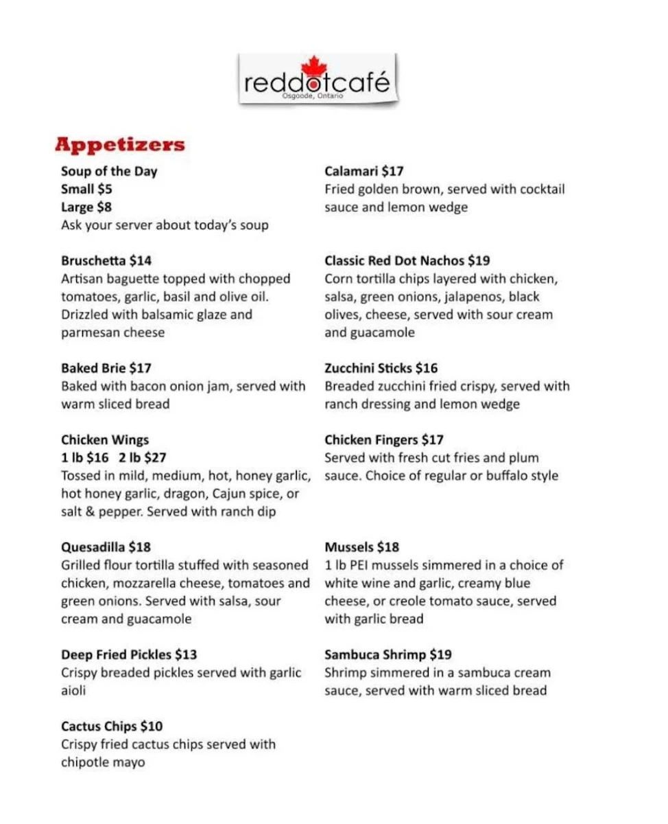 Menu, Red Dot Cafe