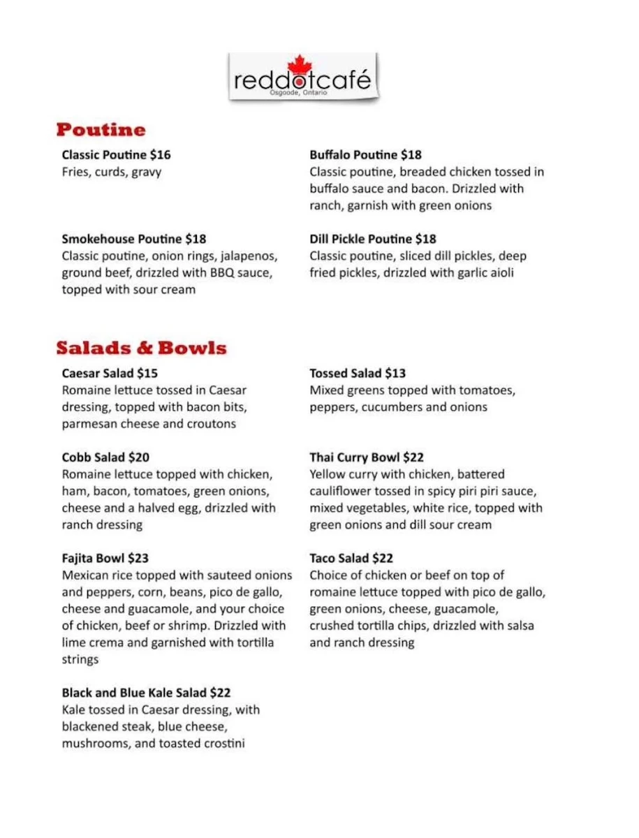 Menu, Red Dot Cafe