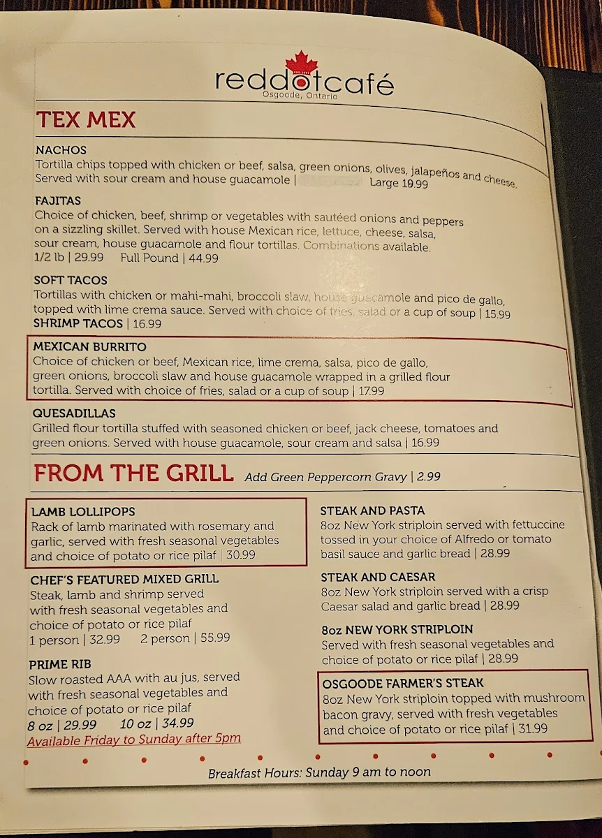 Menu, Red Dot Cafe