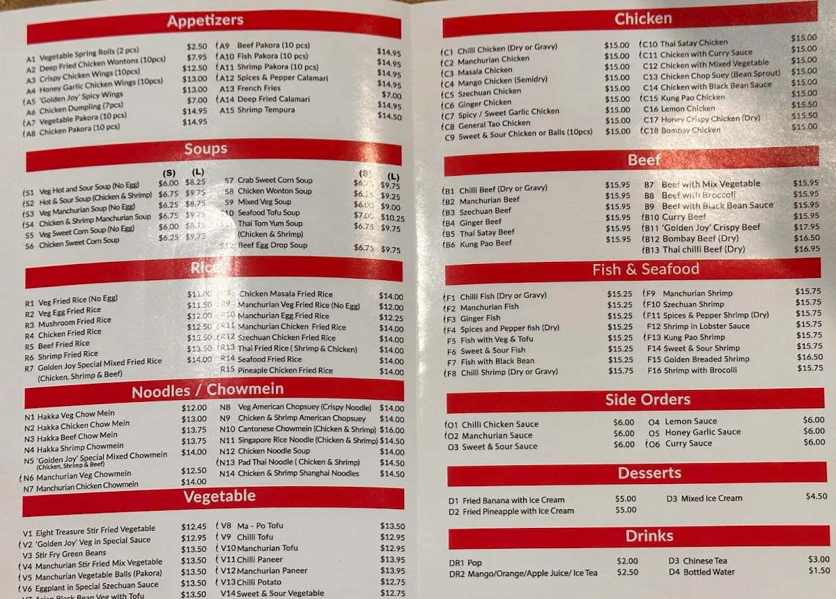 Menu, Golden Joy Hakka Restaurant
