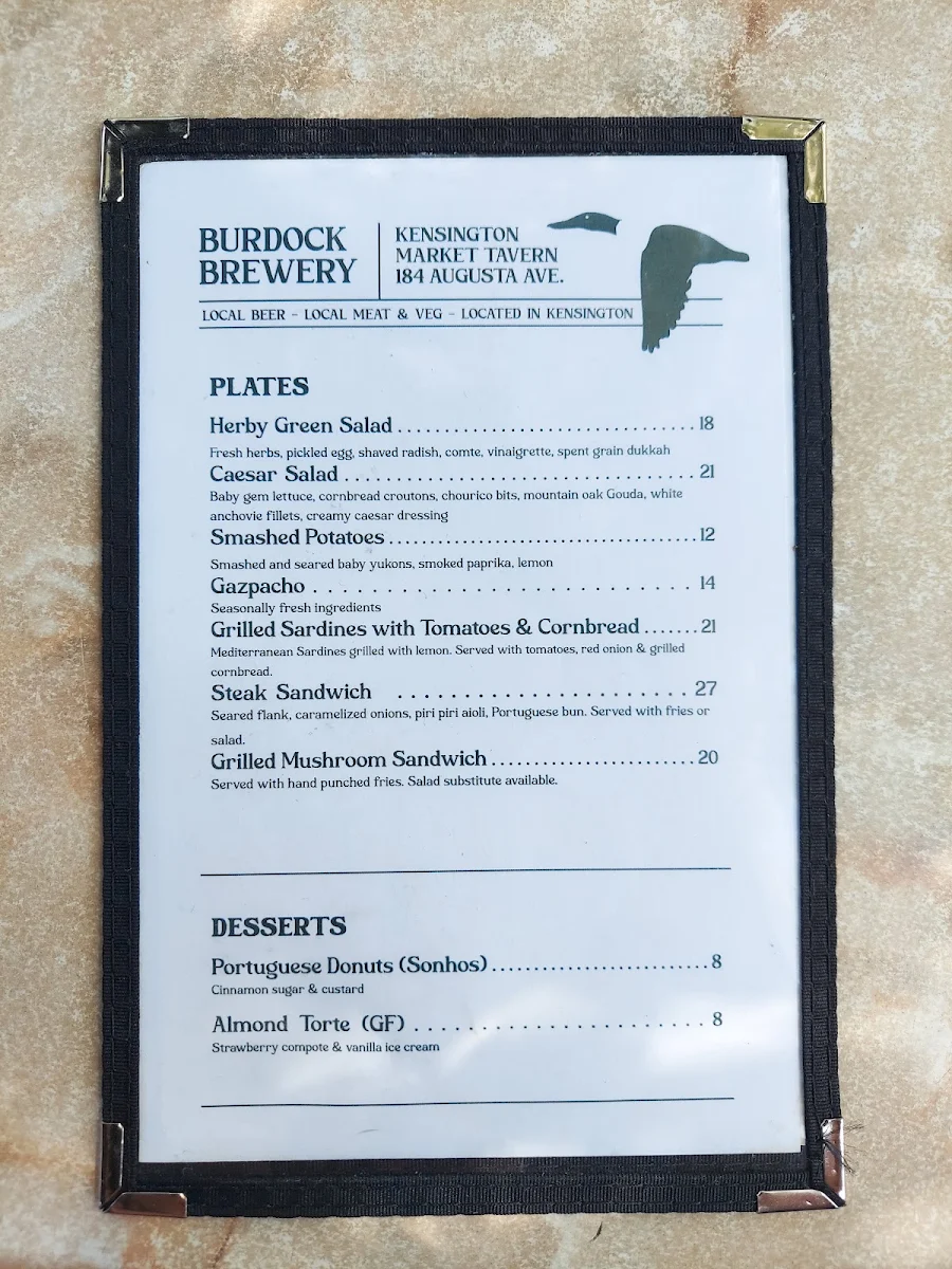 Menu, Burdock Brewery Kensington Tavern