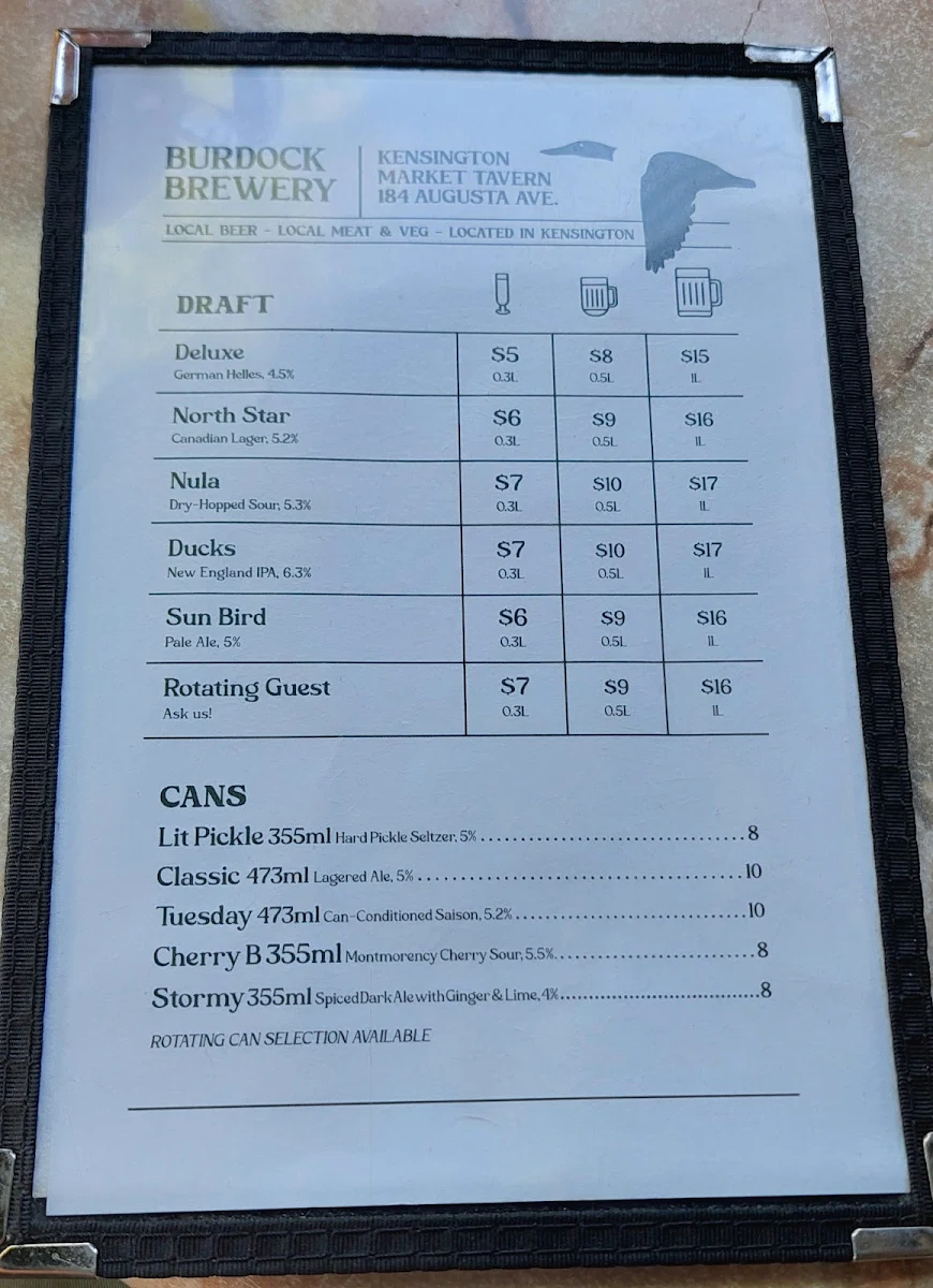 Menu, Burdock Brewery Kensington Tavern