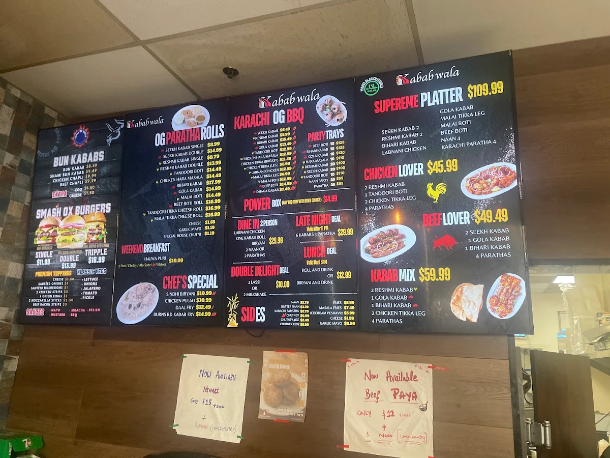 Menu, Karachi Kabab wala