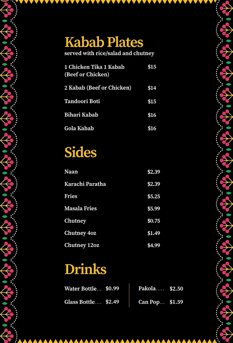 Menu, Karachi Kabab wala