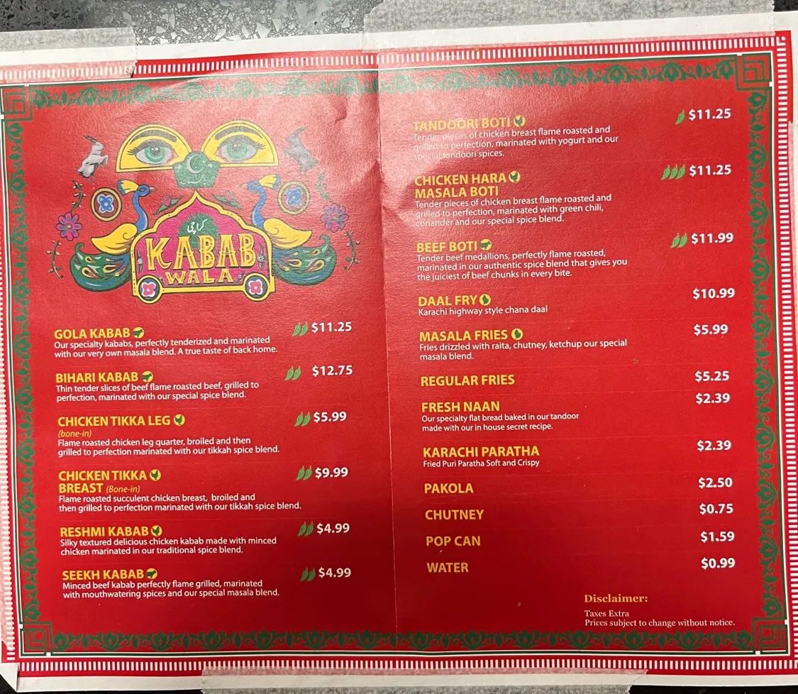 Menu, Karachi Kabab wala