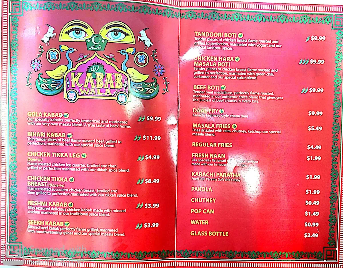Menu, Karachi Kabab wala