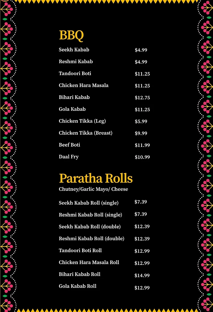 Menu, Karachi Kabab wala