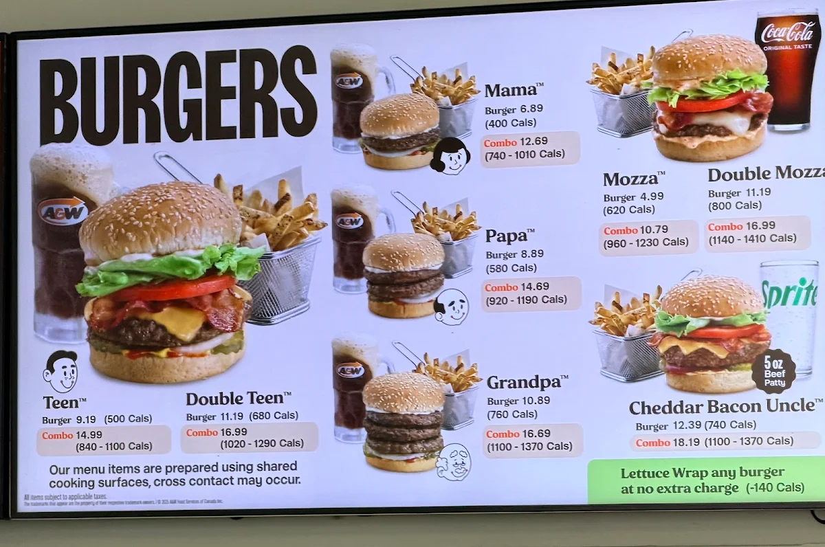 Menu, A&W Canada