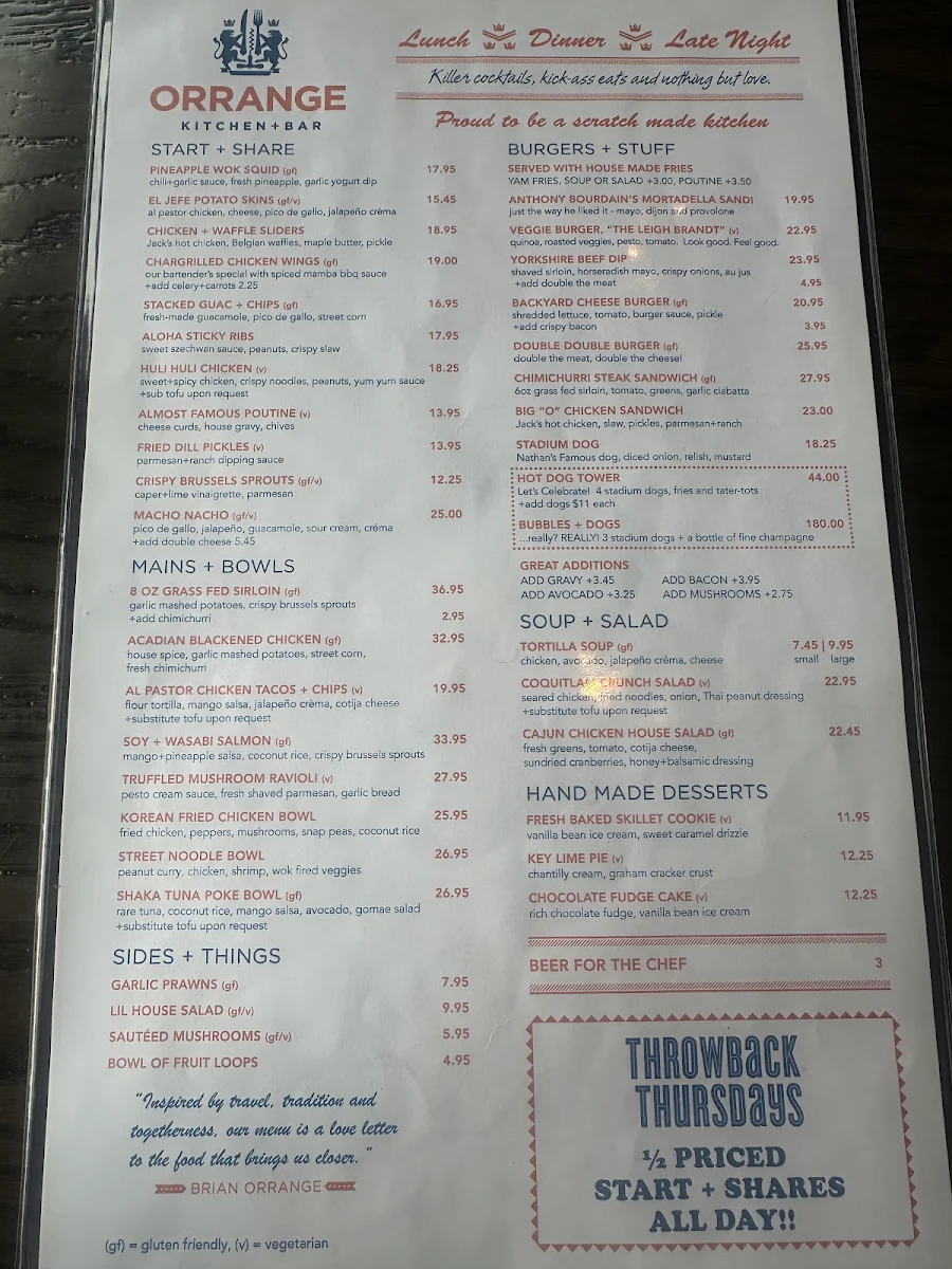 Menu, Orrange Kitchen + Bar