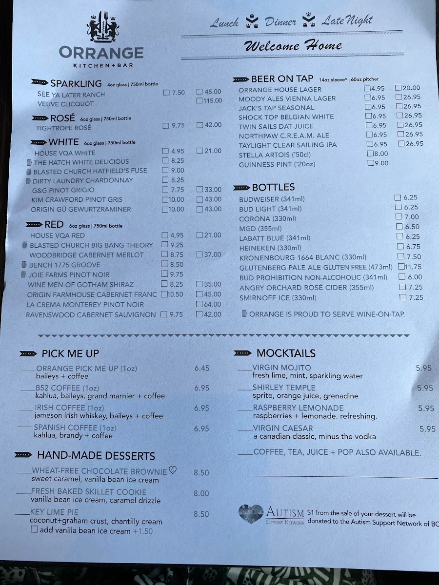 Menu, Orrange Kitchen + Bar