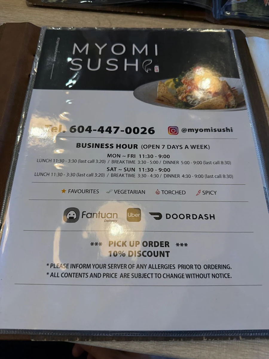 Menu, Myomi Sushi