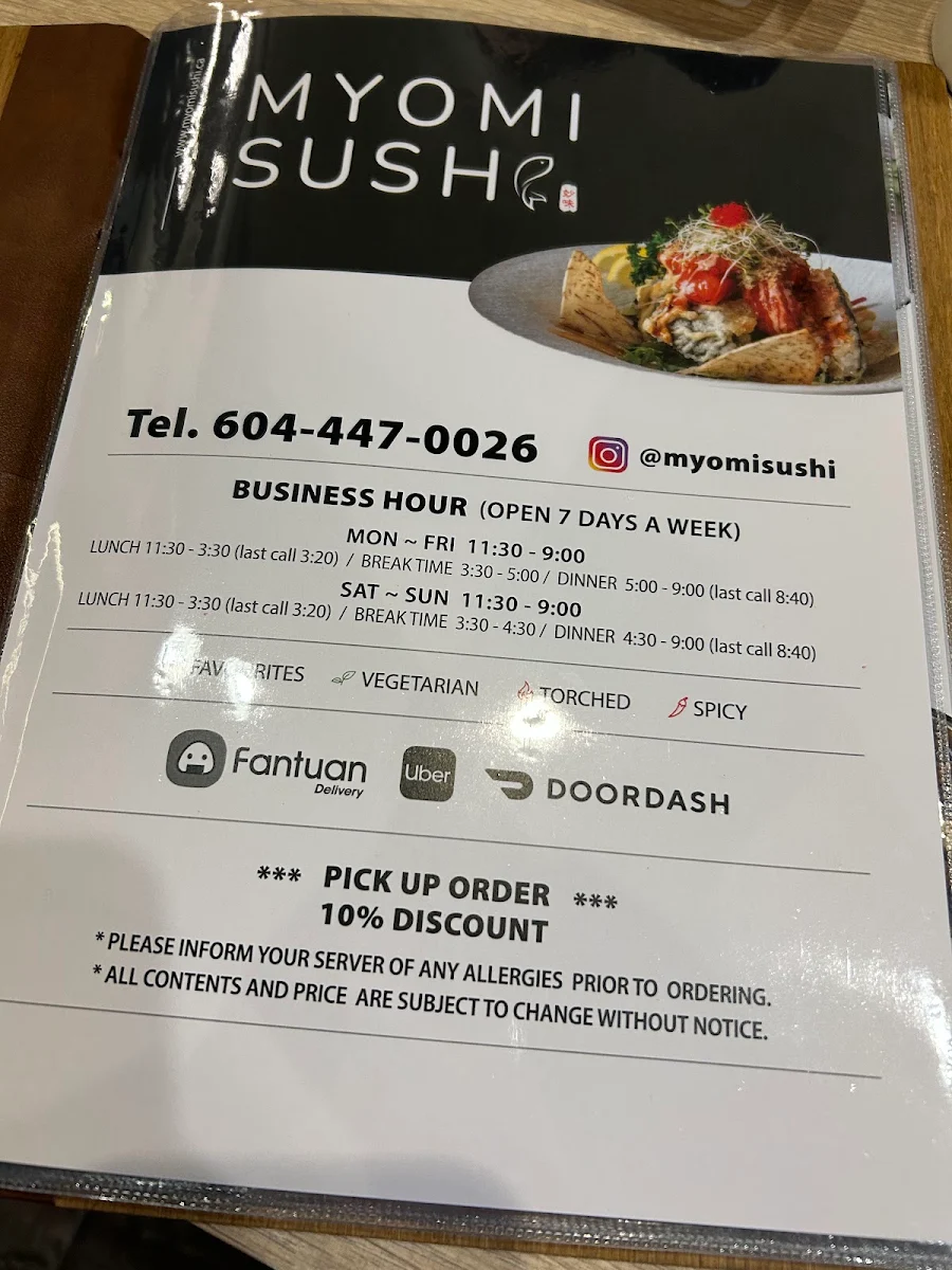 Menu, Myomi Sushi