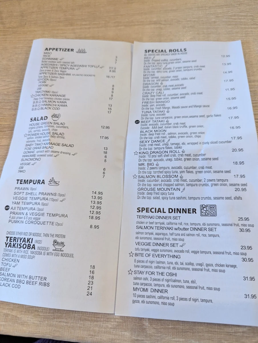 Menu, Myomi Sushi