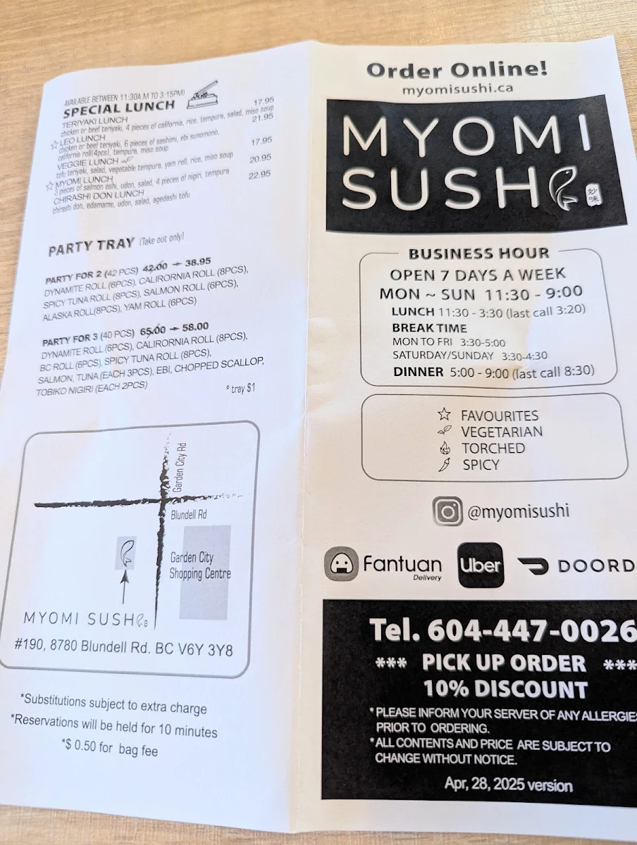 Menu, Myomi Sushi