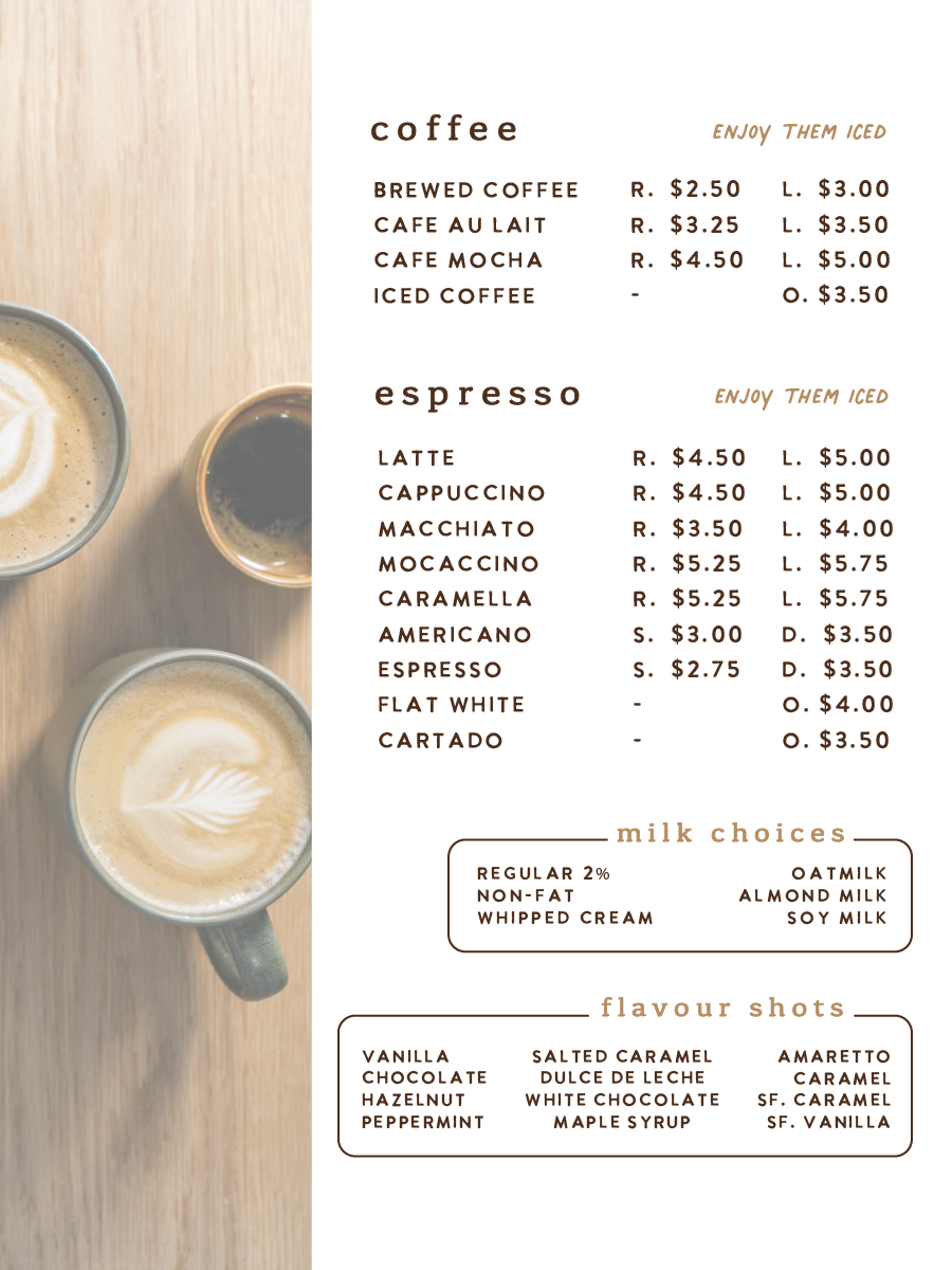 Menu, Coutts Coffee Roastery & Cafe