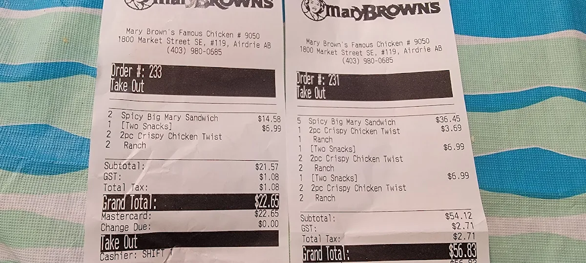 Menu, Mary Brown's Chicken