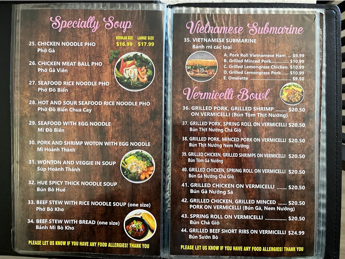 Menu, Phở Hồng Vietnamese Restaurant